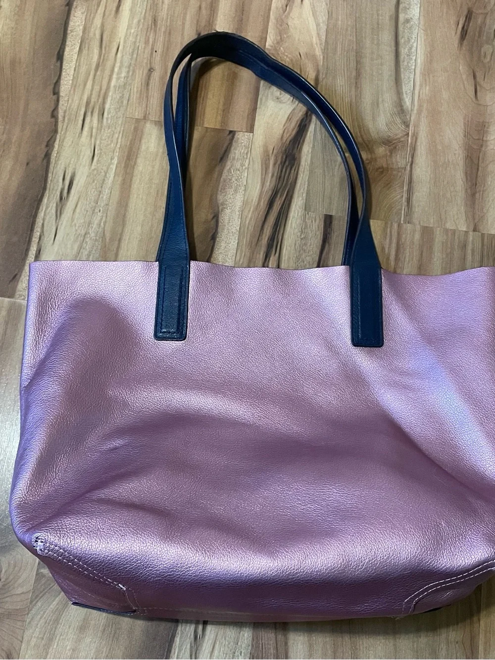 Kate Spade New York Reversible Metallic Pink / Navy Leather Tote Bag Large